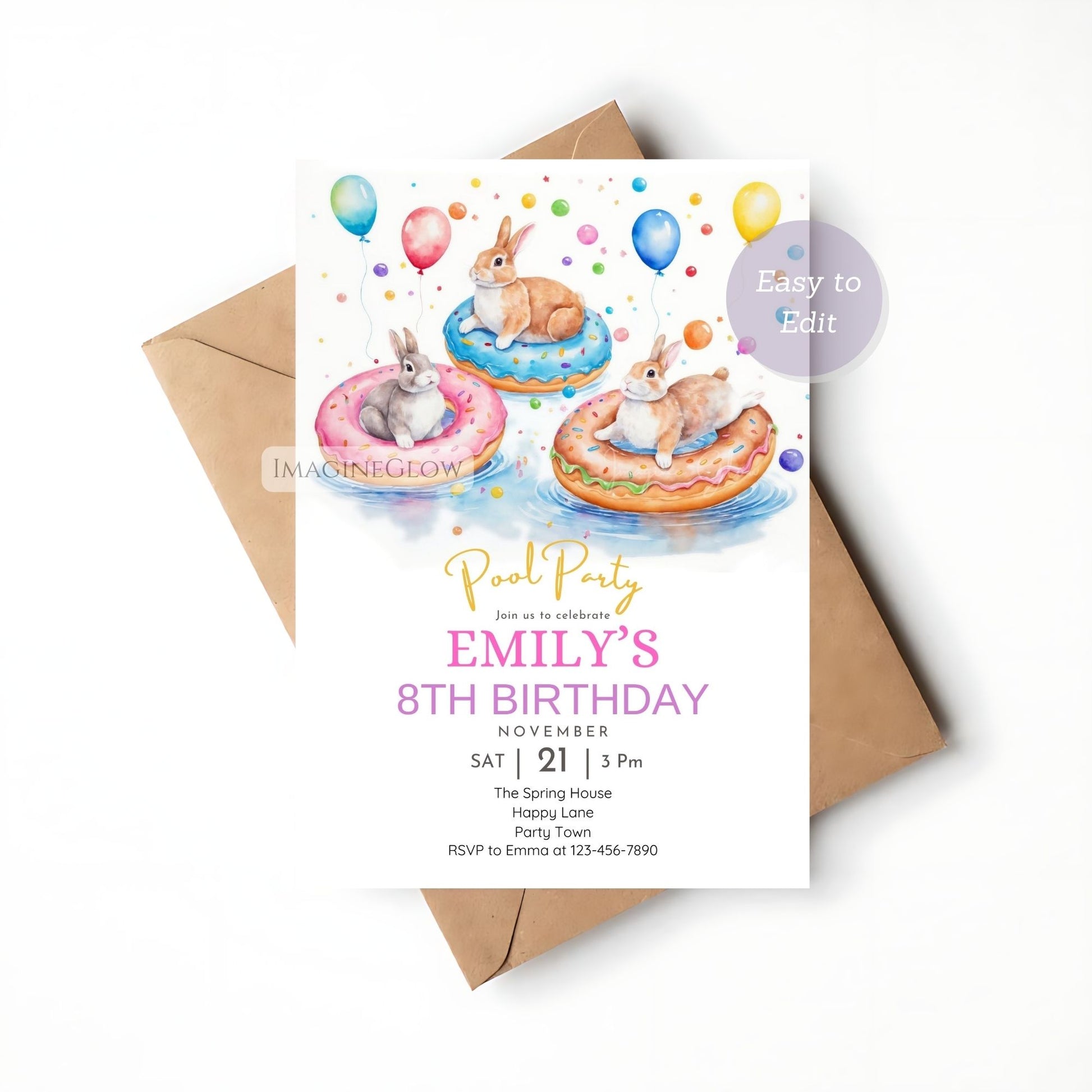 Summer bunny birthday invite with pool