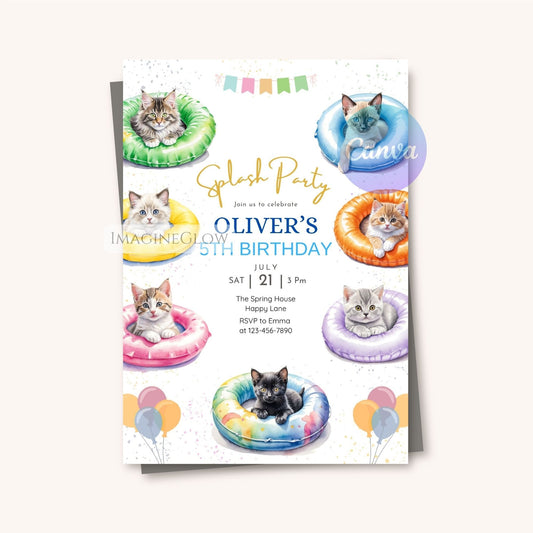 Birthday party invitation with cats in colorful inner tubes and balloons on a white background