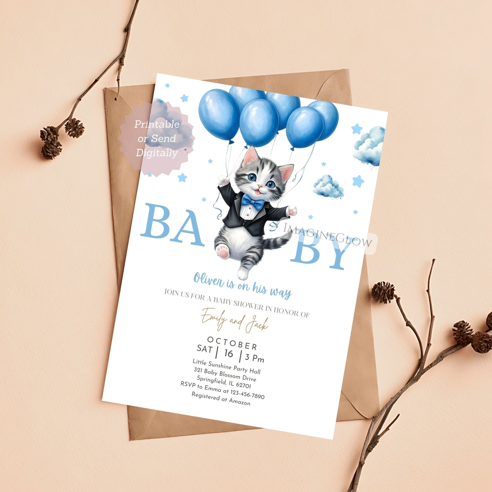 printable cat shower invite for boys

