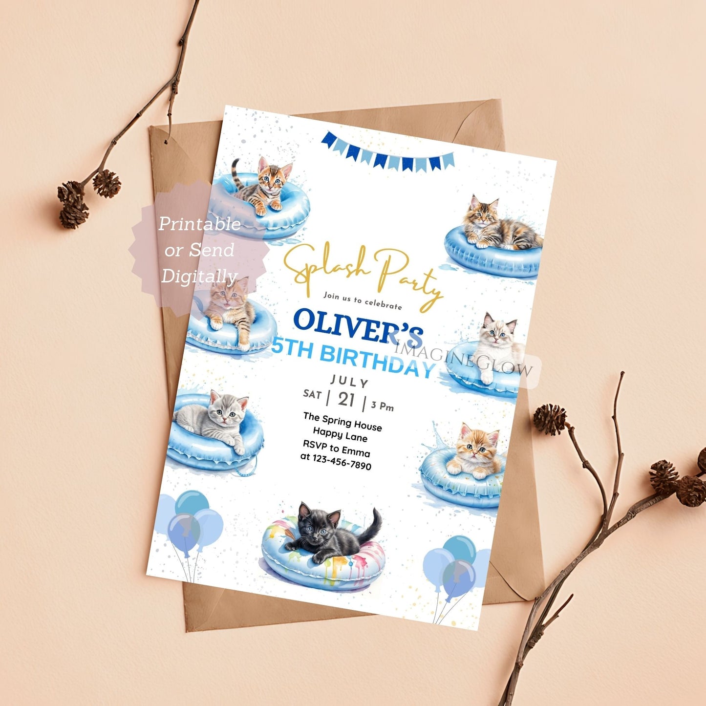 editable cat pool party invite
kitten pool party birthday invitation
