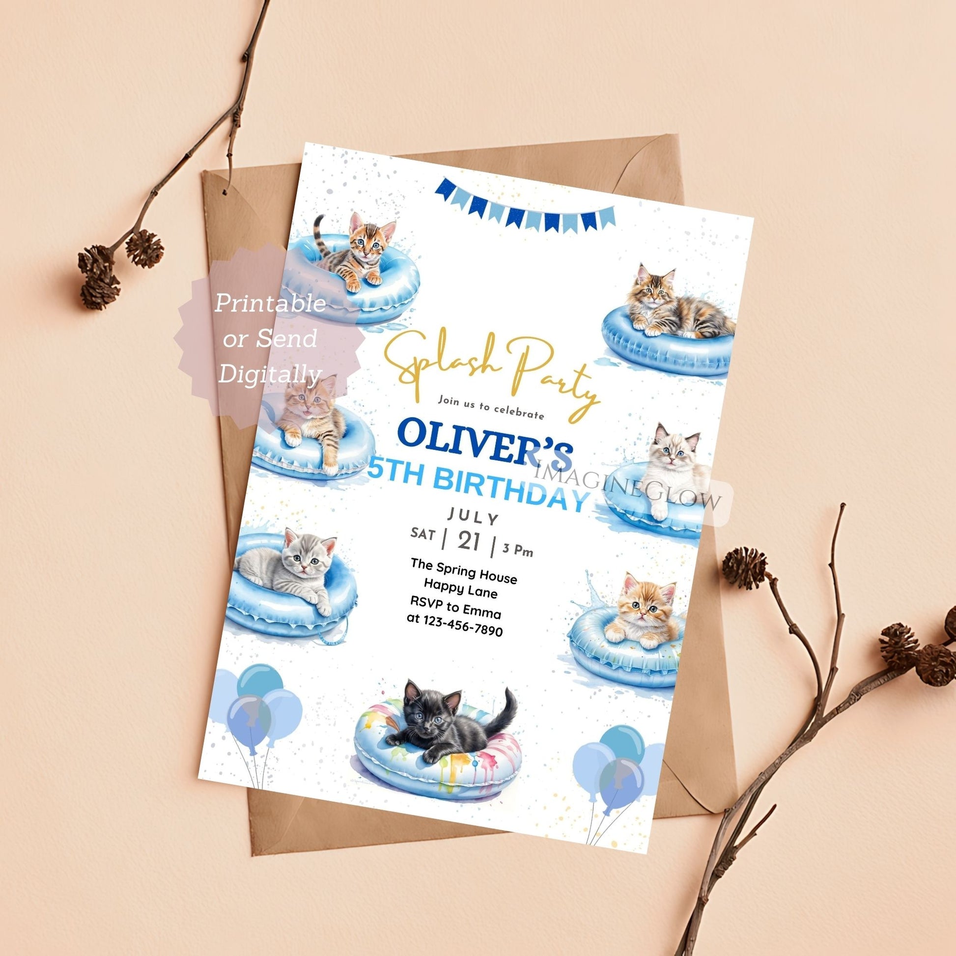 editable cat pool party invite
kitten pool party birthday invitation
