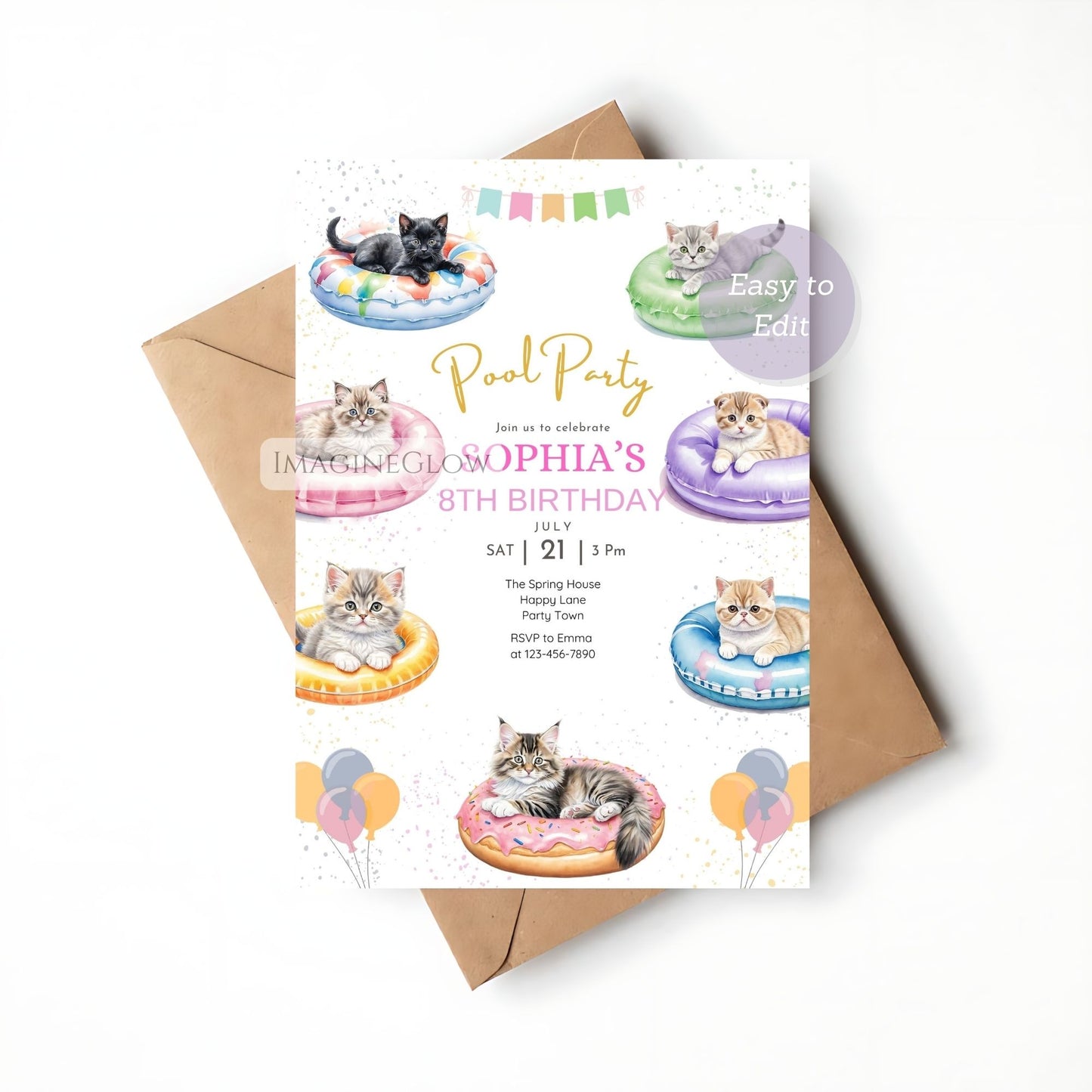 Kitten Pool Party Birthday Invitation - Summer Tropical Beach Party