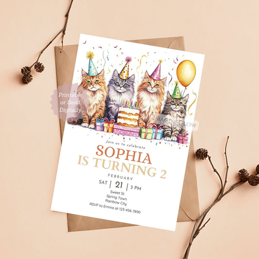 Maine Coon cat birthday invitation with balloons
