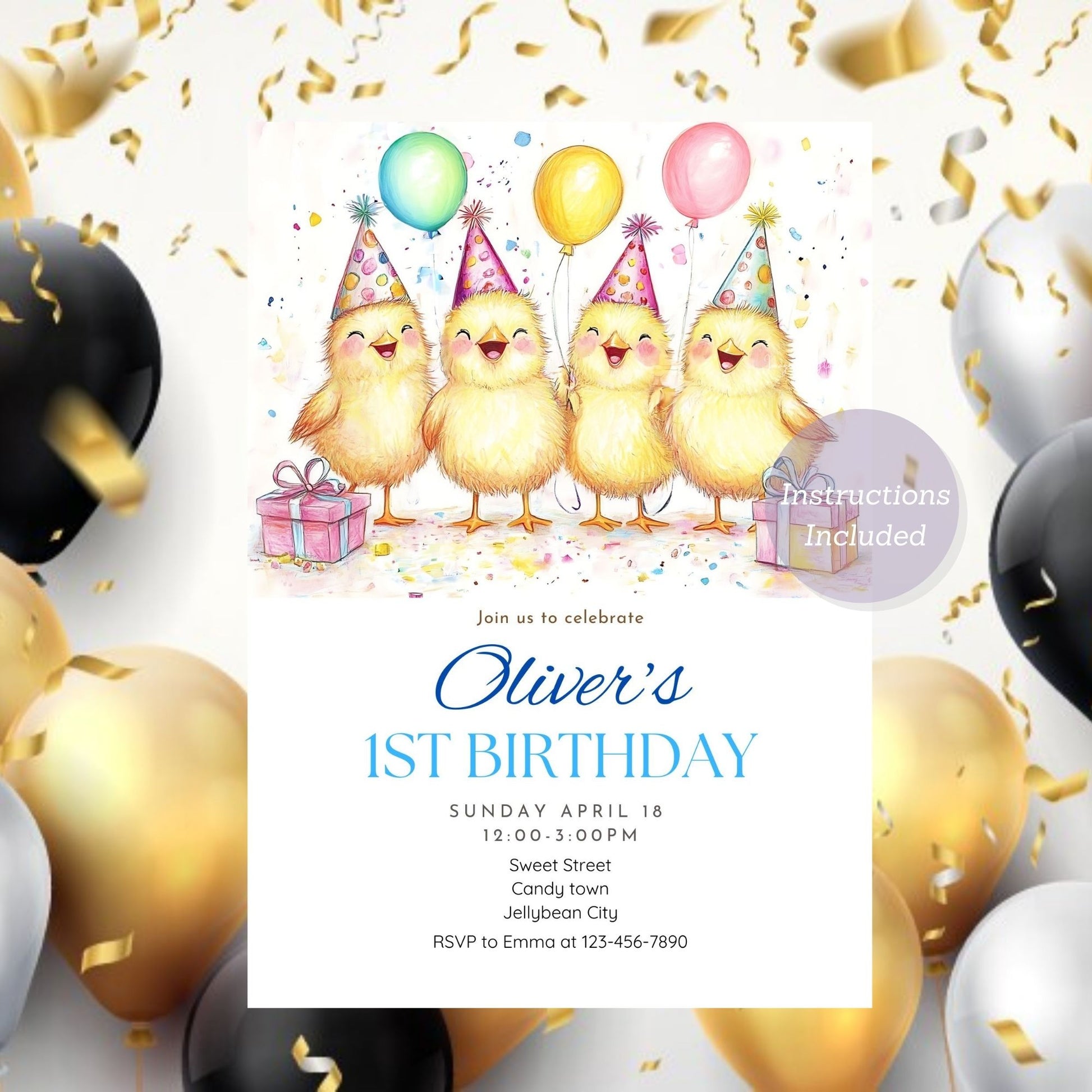 Adorable chick first birthday party invitation for kids with farm theme.
