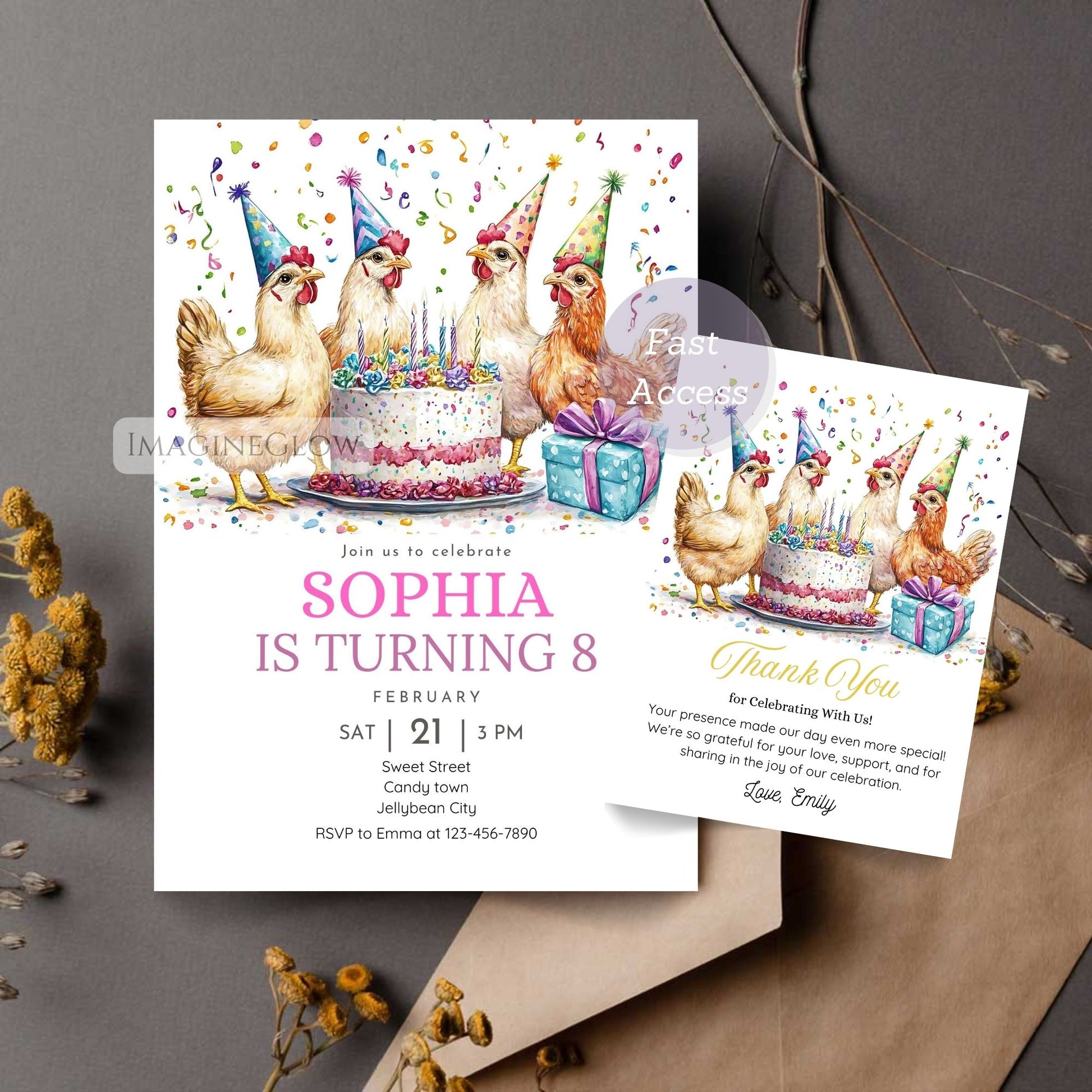 Farm-themed chicken birthday party and thank you card
Chicken and wildflower birthday invitation and card