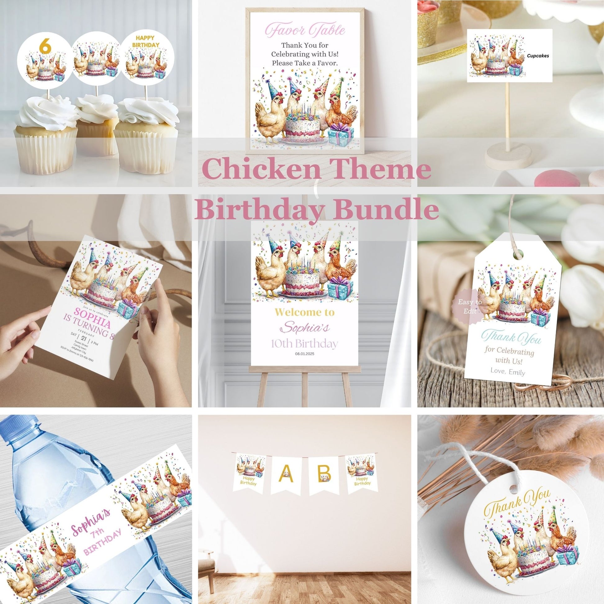 Chicken birthday party invitation bundle
