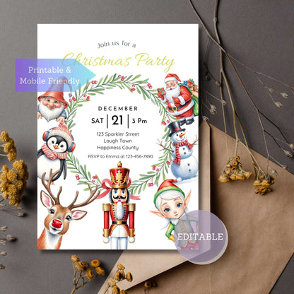 Editable Christmas party invitation template with Santa and Nutcracker design