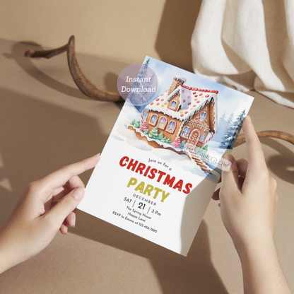 festive gingerbread house holiday party card
