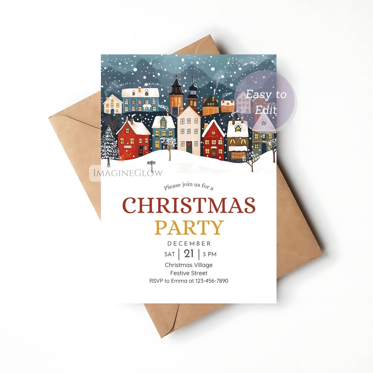 winter christmas village party invite template
festive christmas village celebration invitation
