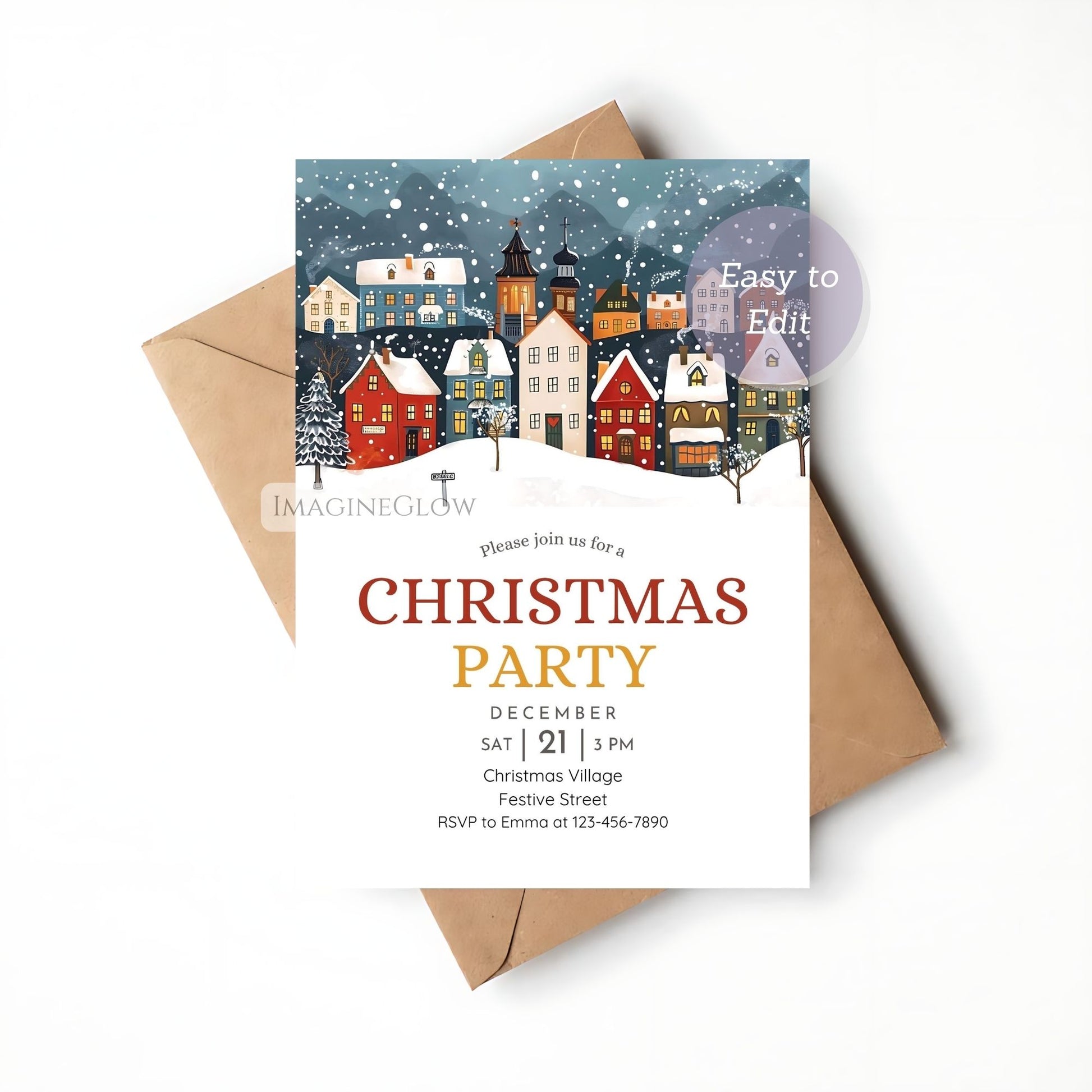 winter christmas village party invite template
festive christmas village celebration invitation
