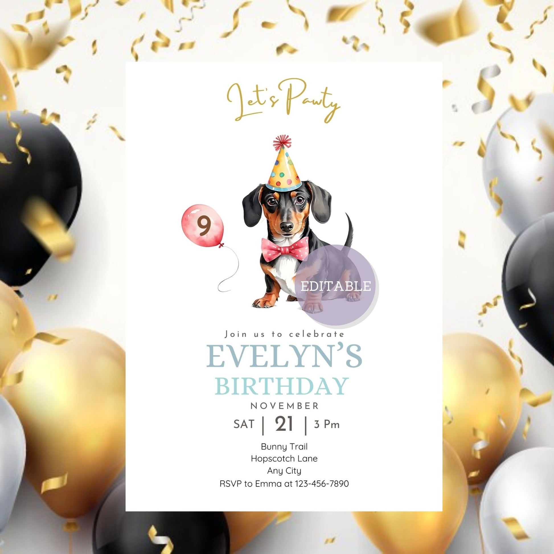 Customizable Dachshund party invite with balloon design.
