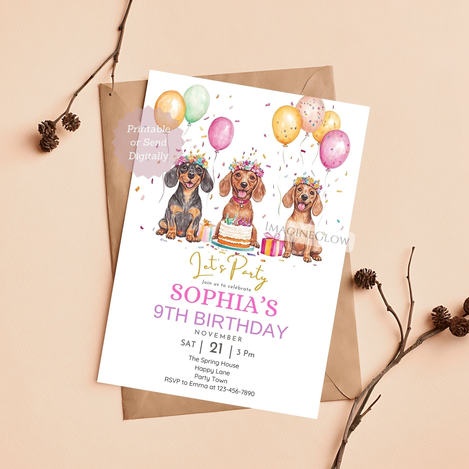 Dachshund birthday invitation floral editable in Canva

