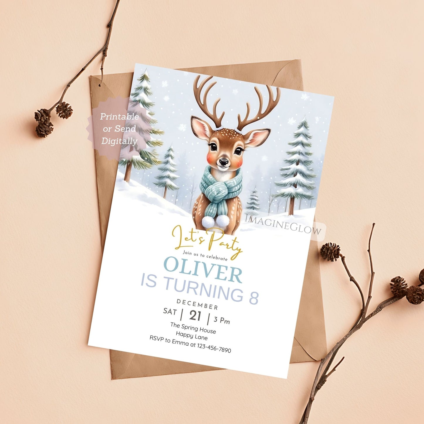 woodland deer party invite for boys and girls
