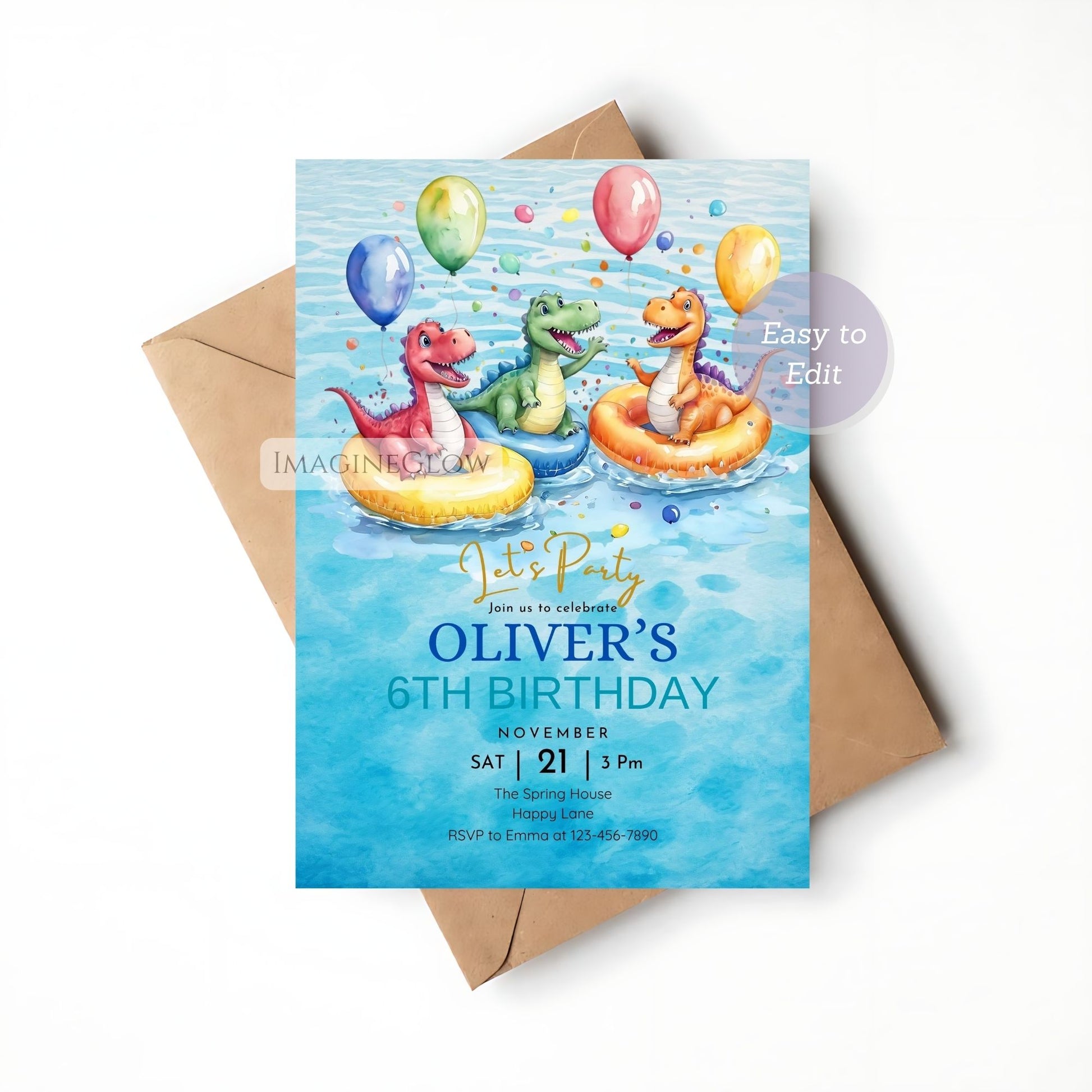 summer pool party invite with dinosaurs
fun kids dinosaur party invitation
