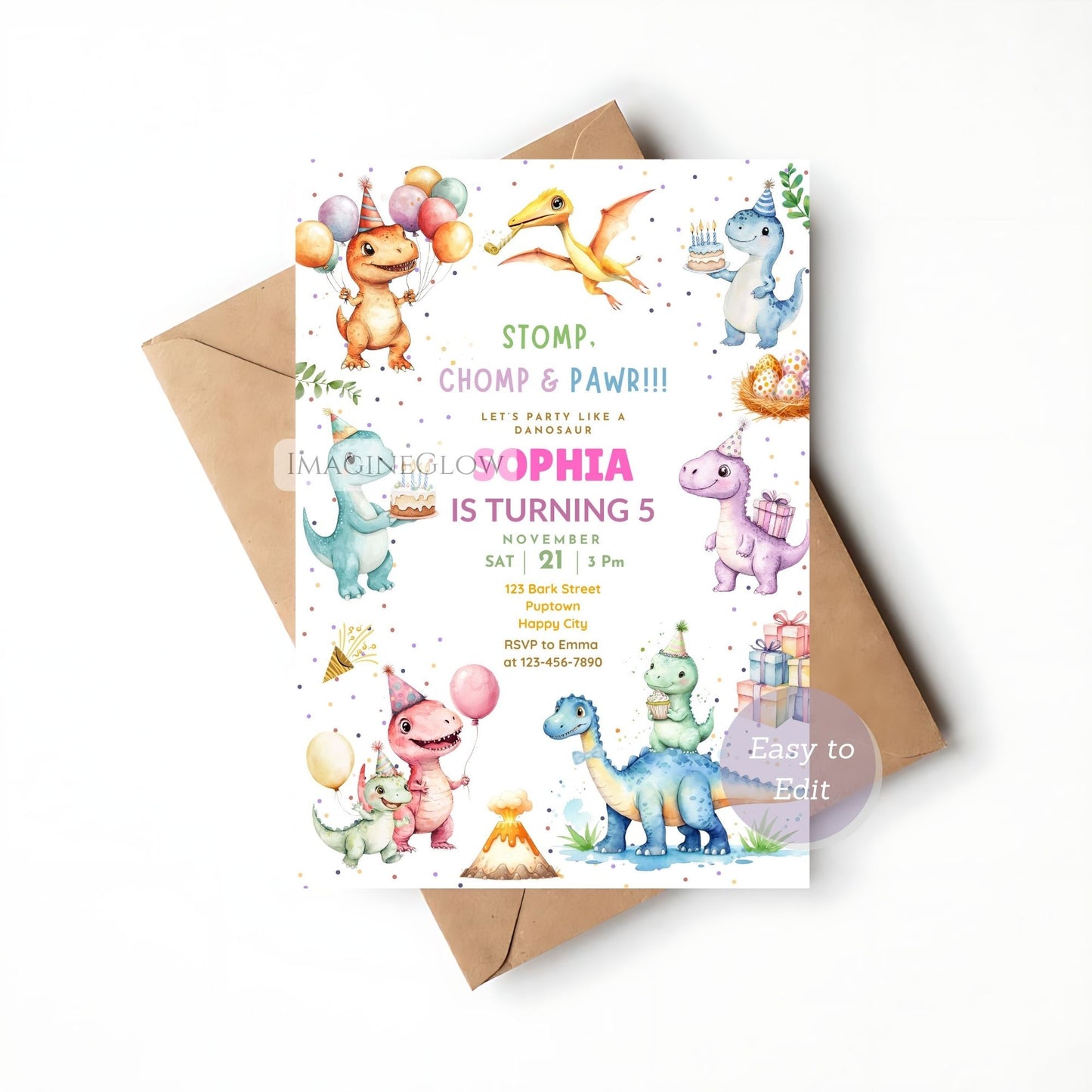 Children's birthday party invitation with colorful dinosaur illustrations on a white background.