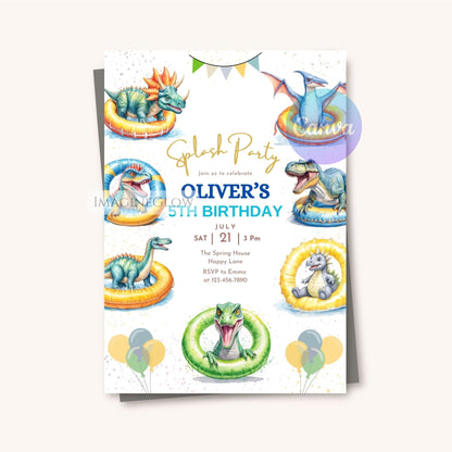 Birthday party invitation with dinosaur-themed graphics on a white background
