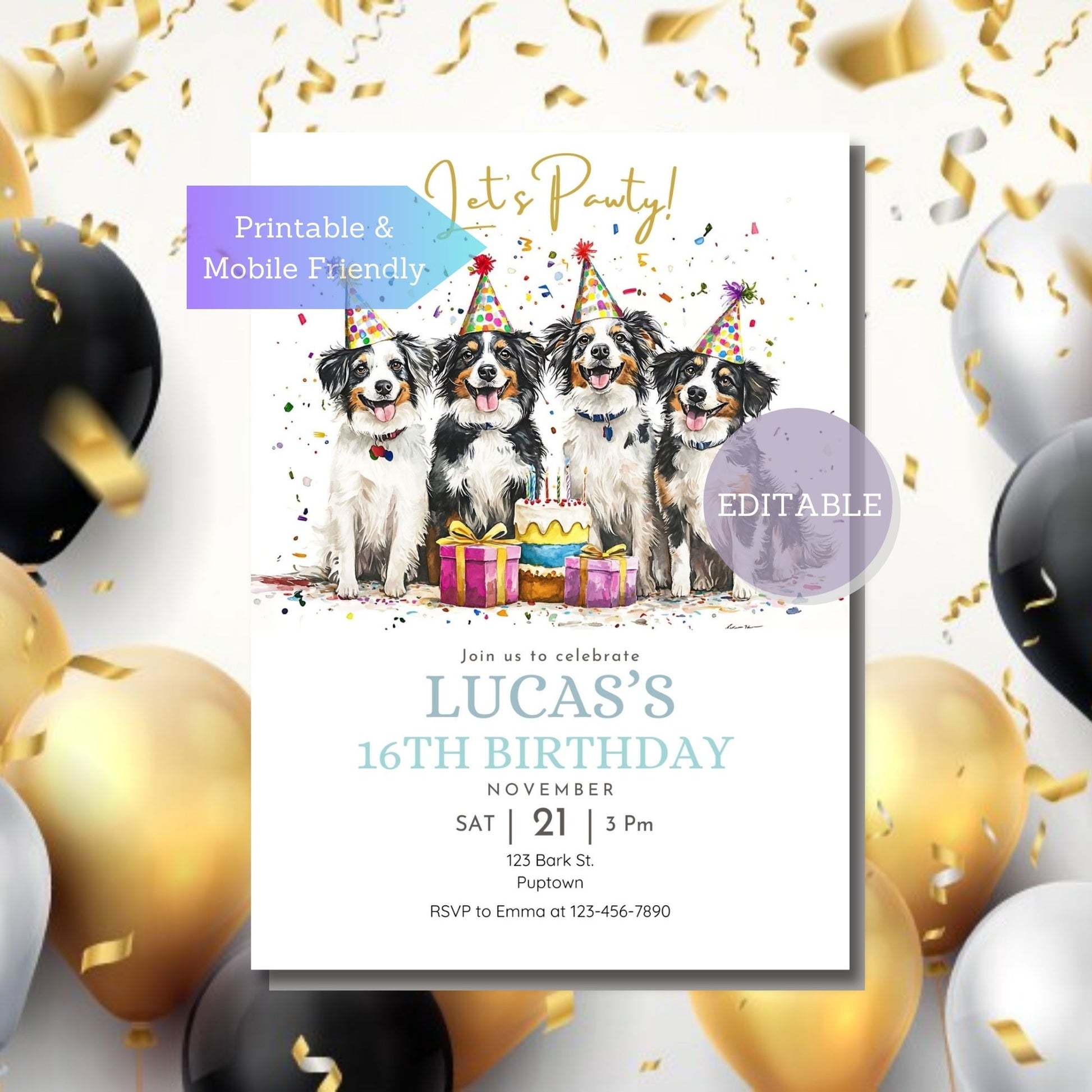 Editable Miniature American Shepherd birthday card template in Canva