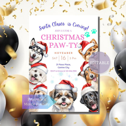 Editable dog Christmas invitation with Bichon Frise and other breeds for Canva