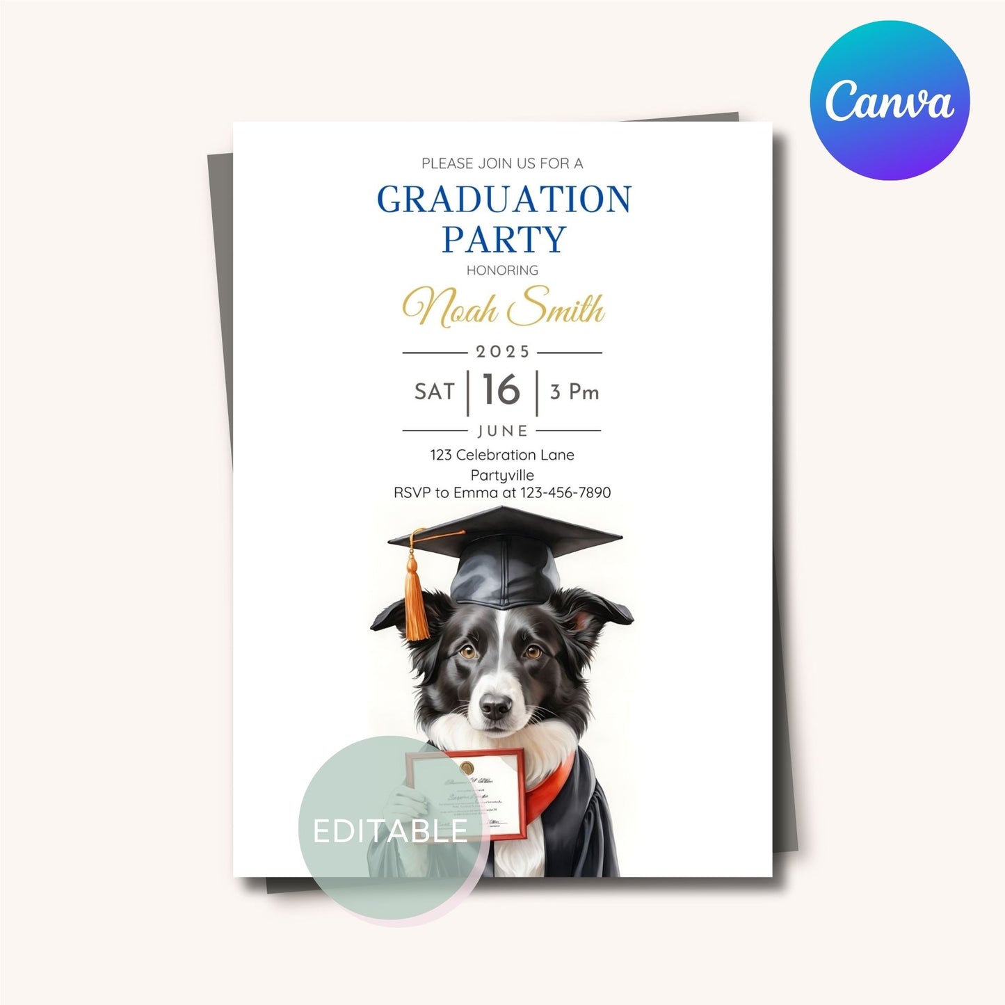 Customizable dog graduation party invite with text and design