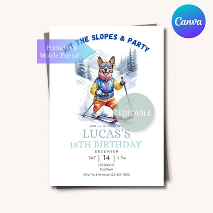 Editable dog-themed skiing birthday invite for winter parties.