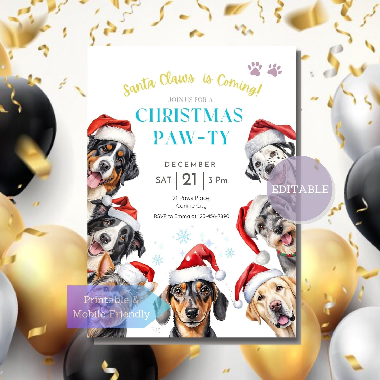 Editable Dogs Pawty Christmas invite template for mobile with various dog breeds