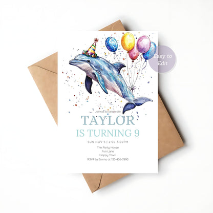 Fun dolphin birthday invitation for ocean theme party
