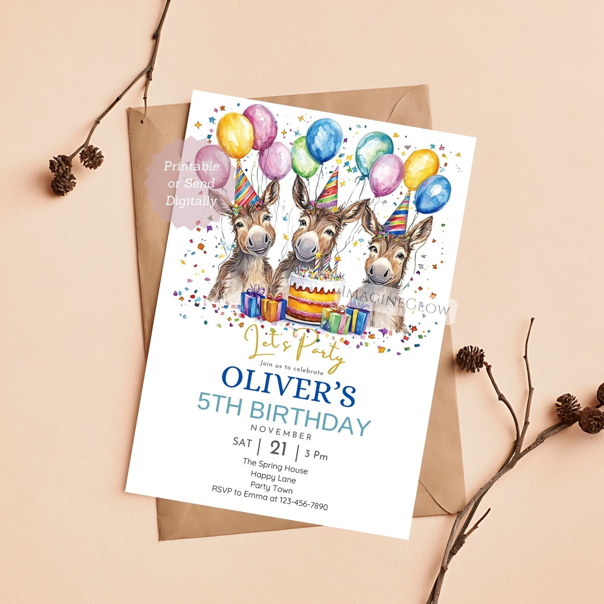 Rustic donkey birthday card template
Editable donkey birthday party invitation
