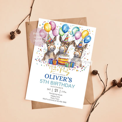 Rustic donkey birthday card template
Editable donkey birthday party invitation
