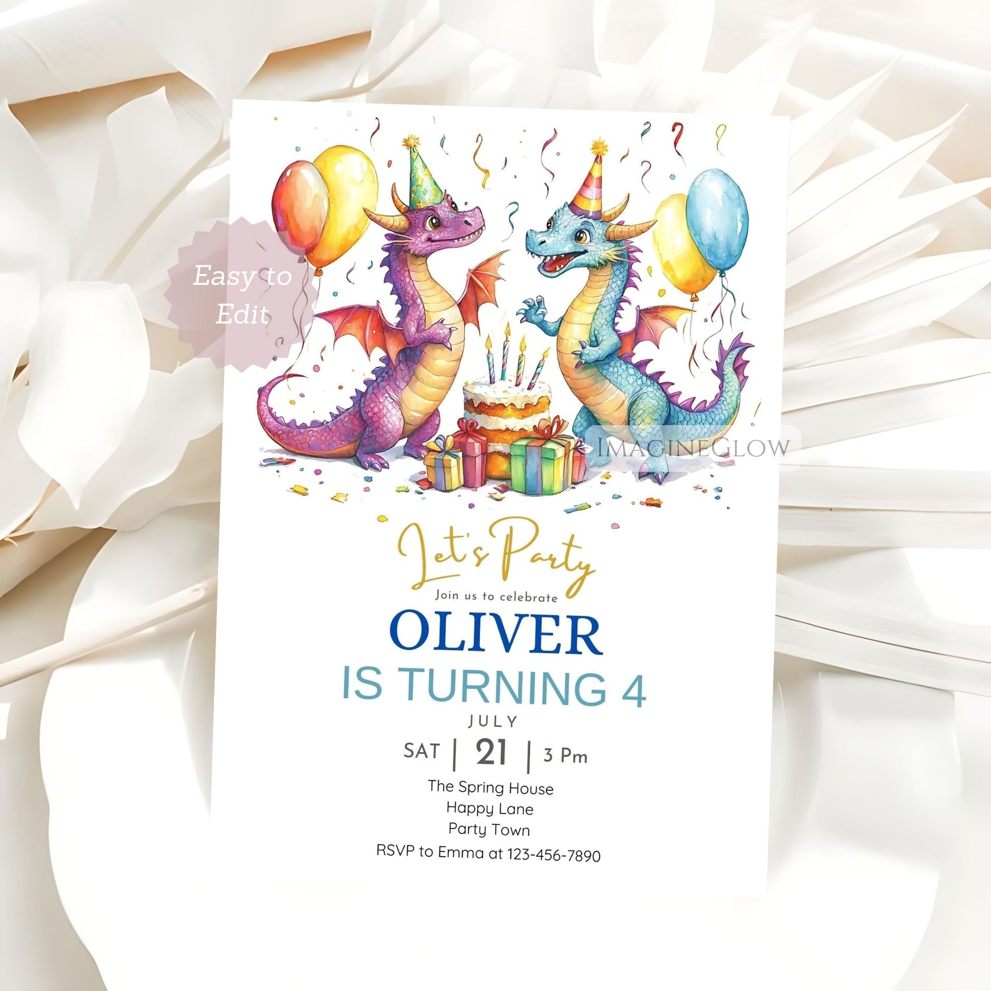 Fantasy dragon party invite editable design

