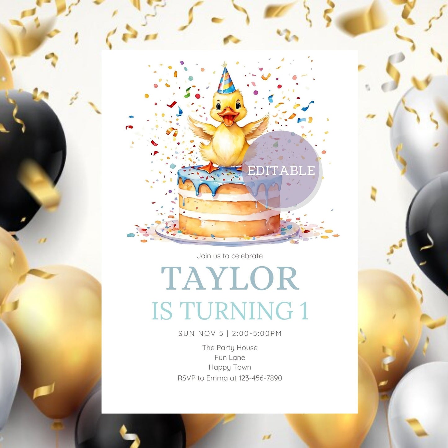 Custom duck-themed party invite with a cute design.