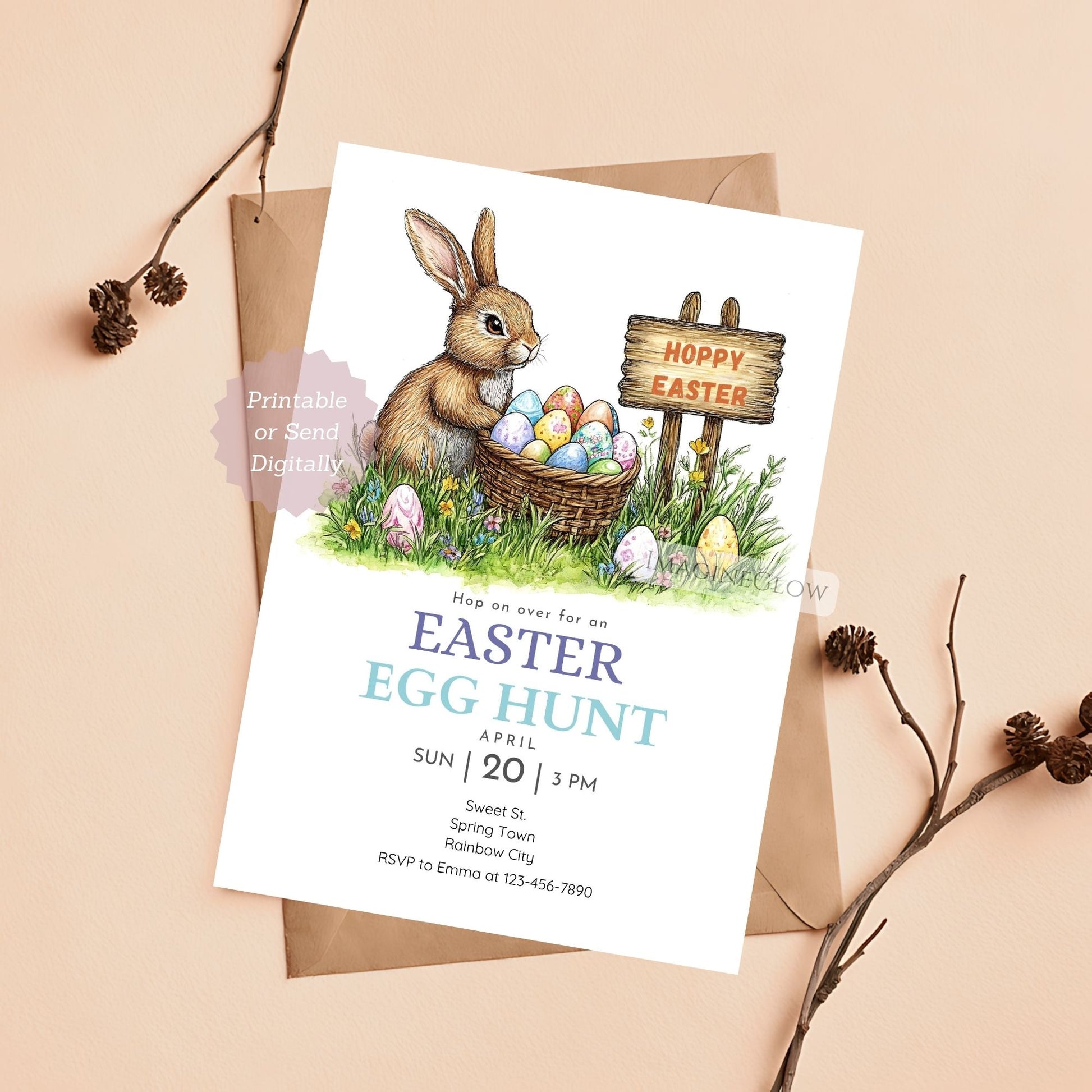 Easter Bunny with Egg Basket Invitation for Spring Party
