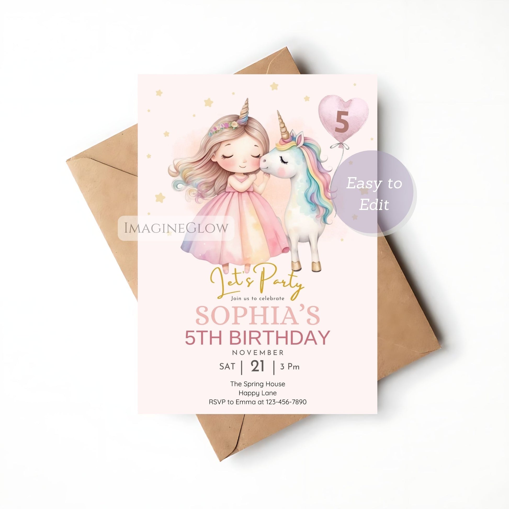 unicorn themed party card
printable unicorn birthday invite
