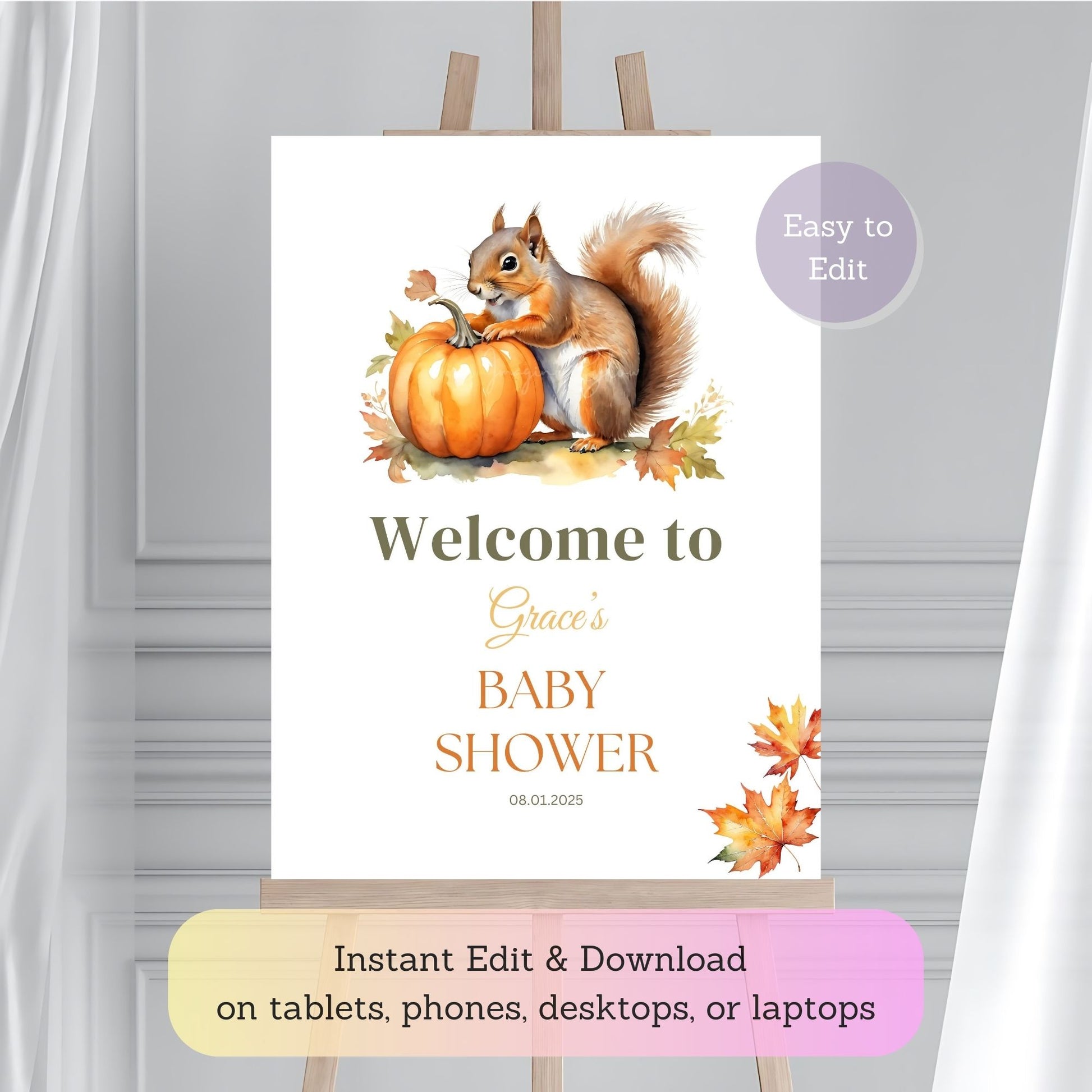 Personalized baby shower sign with squirrel and fall pumpkins.
Sweet and playful Little Pumpkin baby shower sign with squirrel design.
