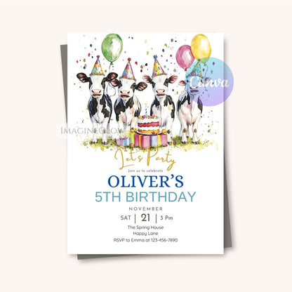 kids farm birthday invitation
cow themed birthday card
