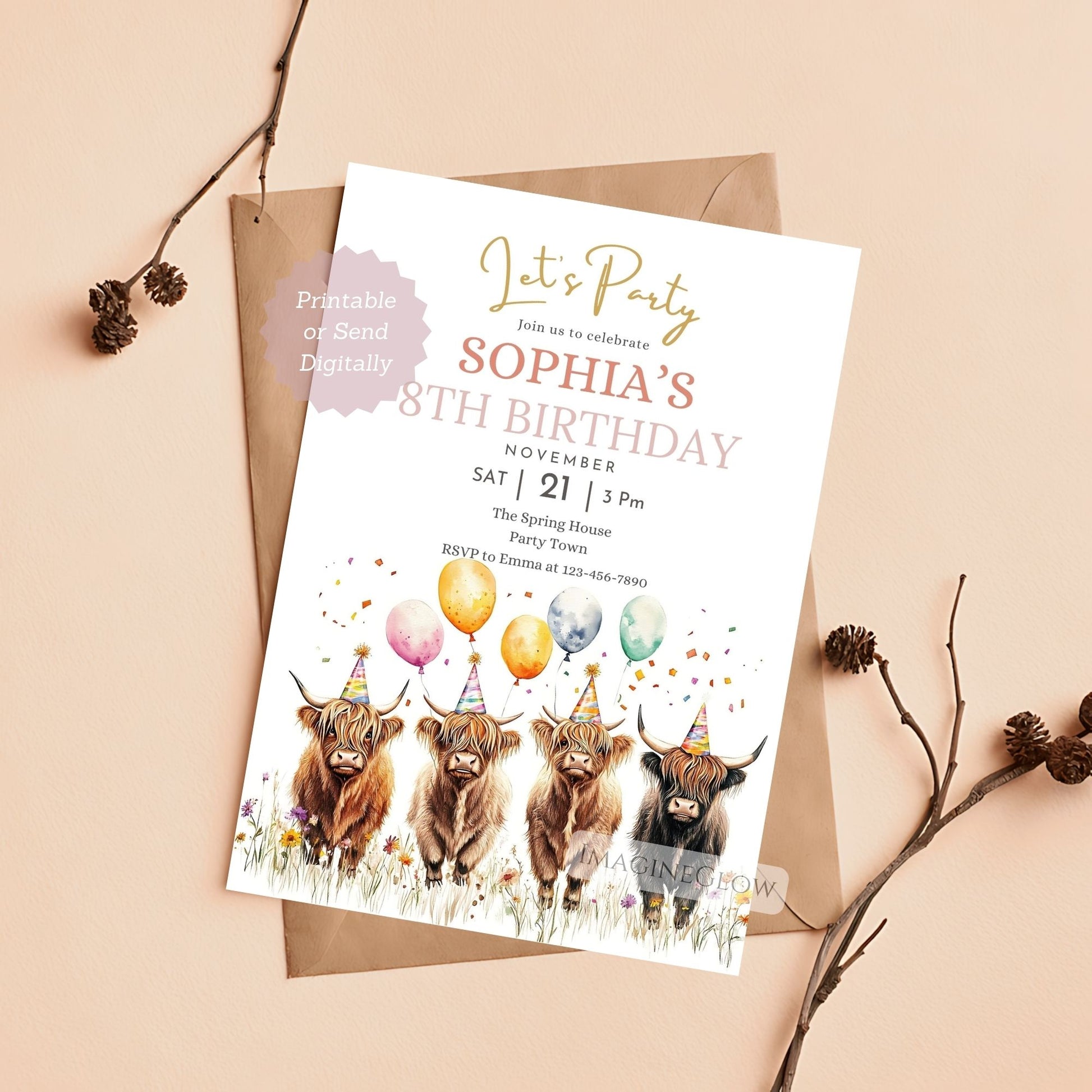 Highland cow invite with floral accents
