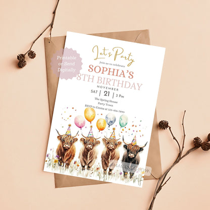 Highland cow invite with floral accents
