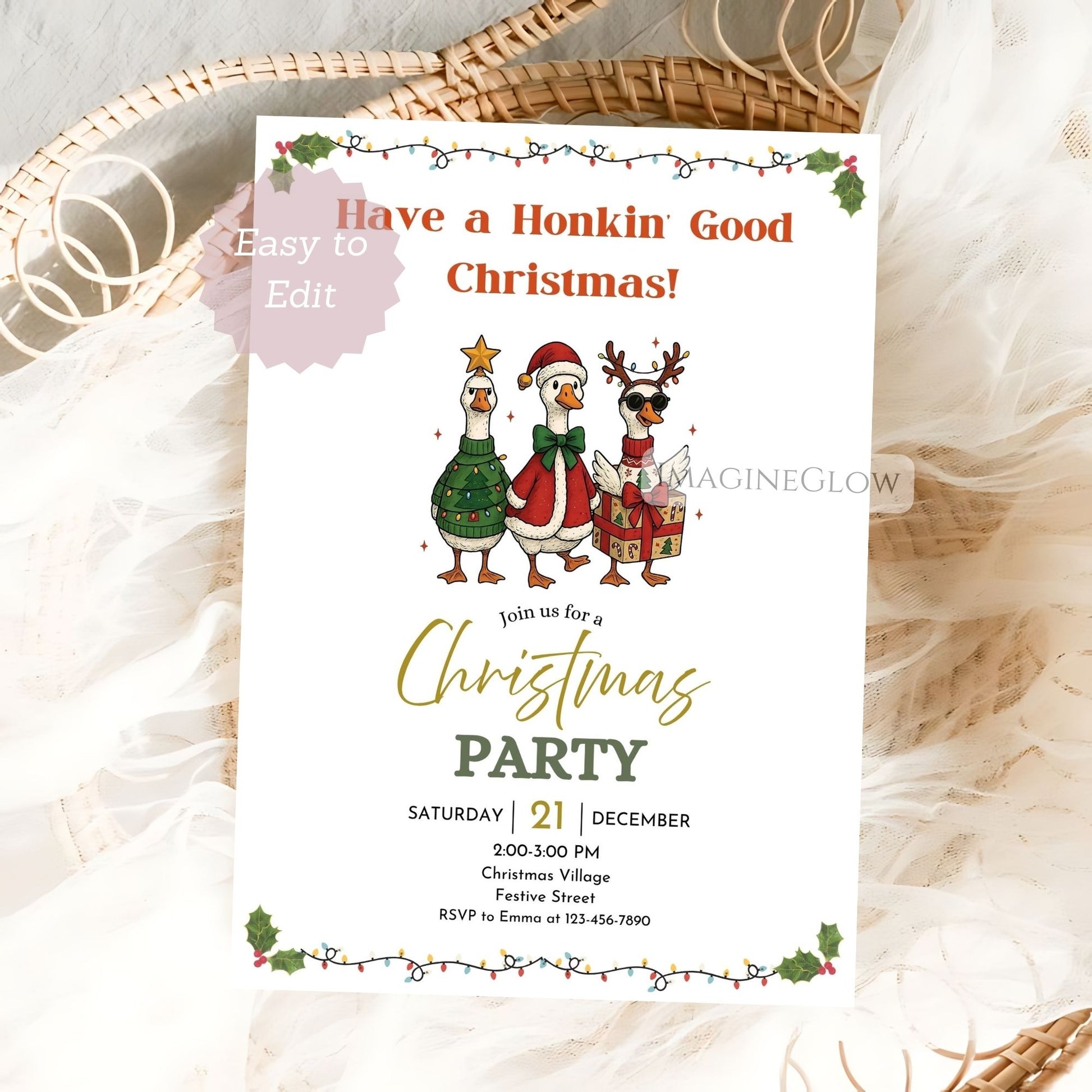 Christmas party invitation with cartoon ducks and reindeer on a white background