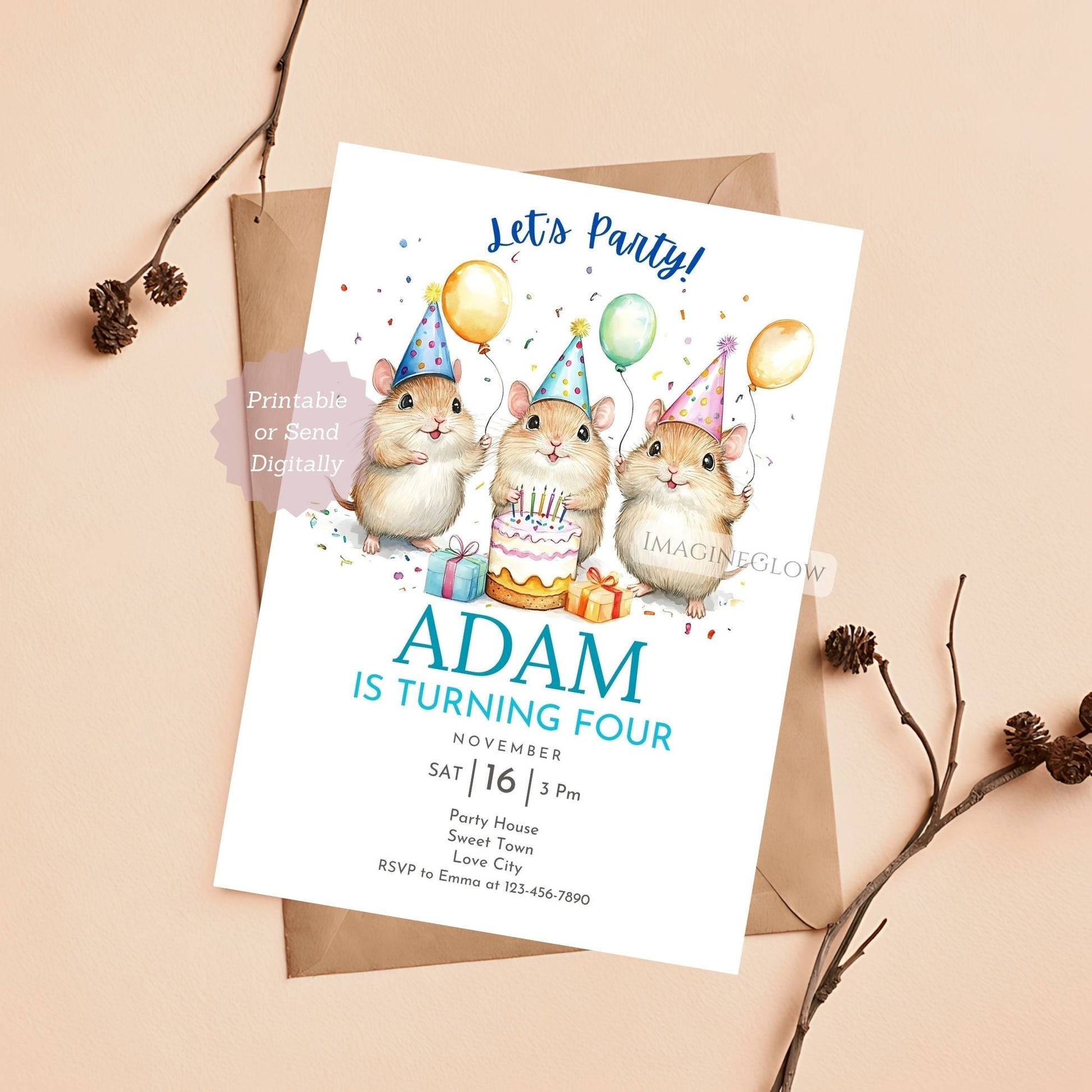 Field Vole Birthday Invitation - Woodland Theme
