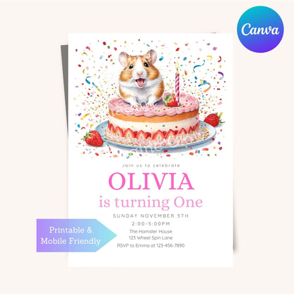 Editable first birthday invitation with hamster and strawberry design.