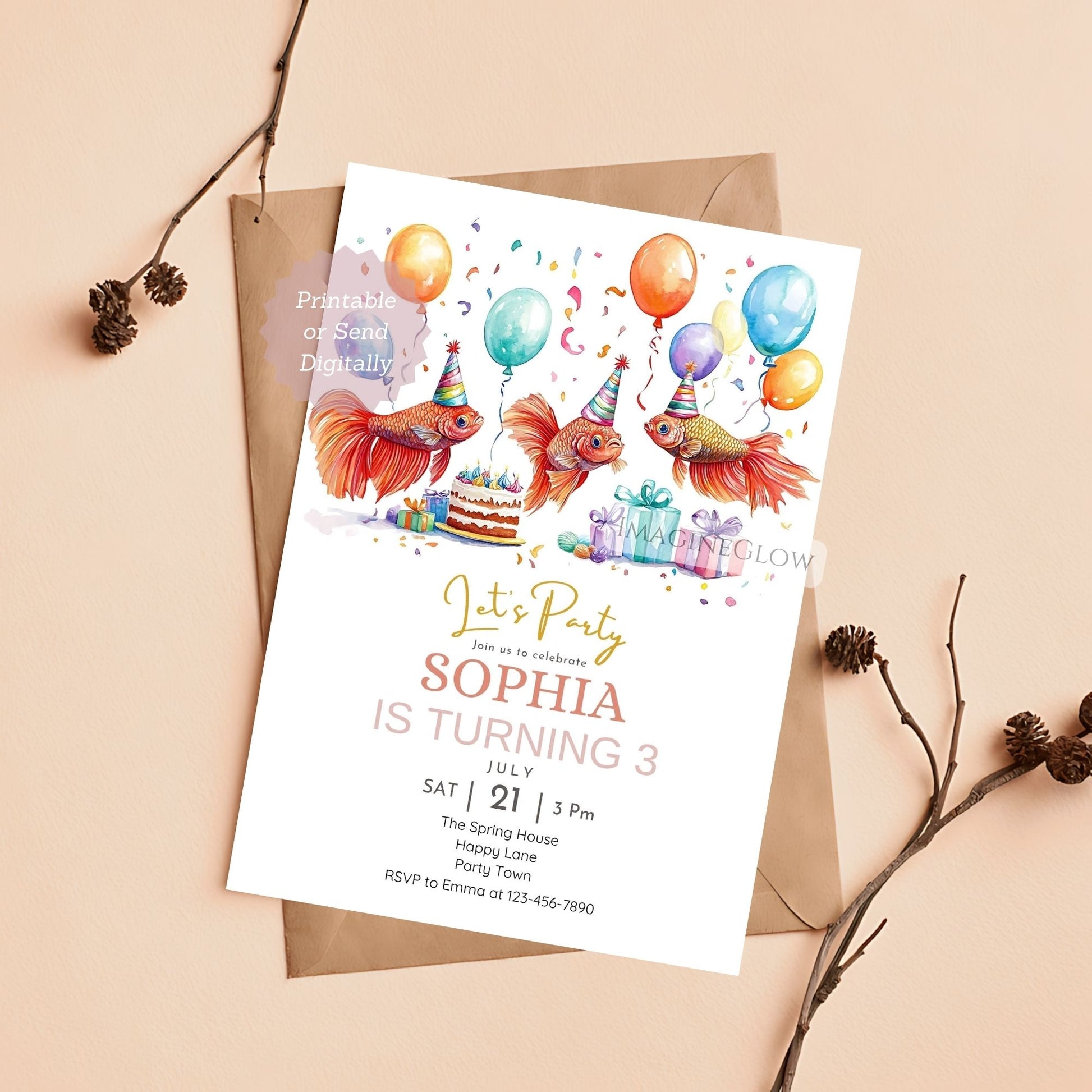 Customizable fish invitation editable in Canva
