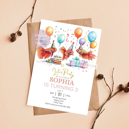 Customizable fish invitation editable in Canva
