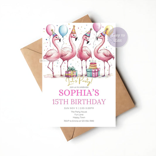 Flamingo birthday invitation with tropical beach theme
