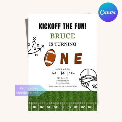 Editable football birthday party card for a first birthday celebration.
