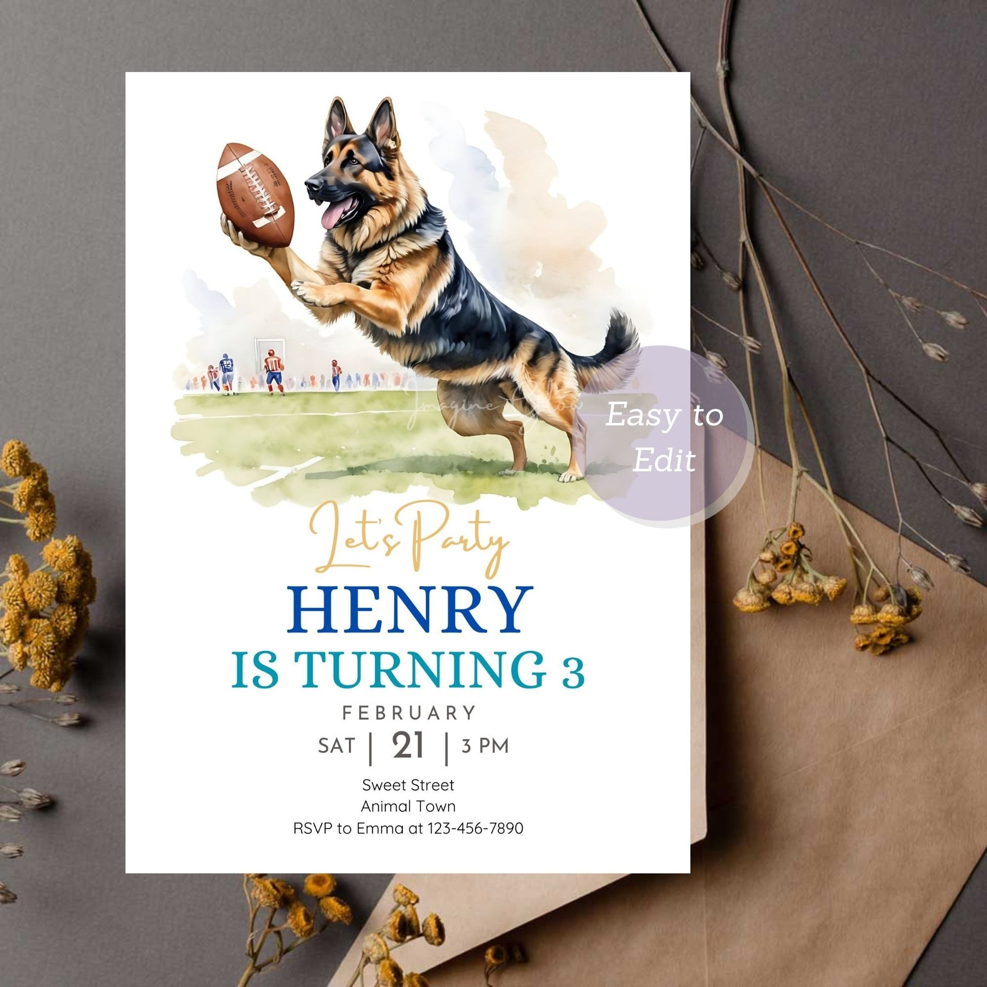 Fun sports birthday invitation with a German Shepherd puppy.
