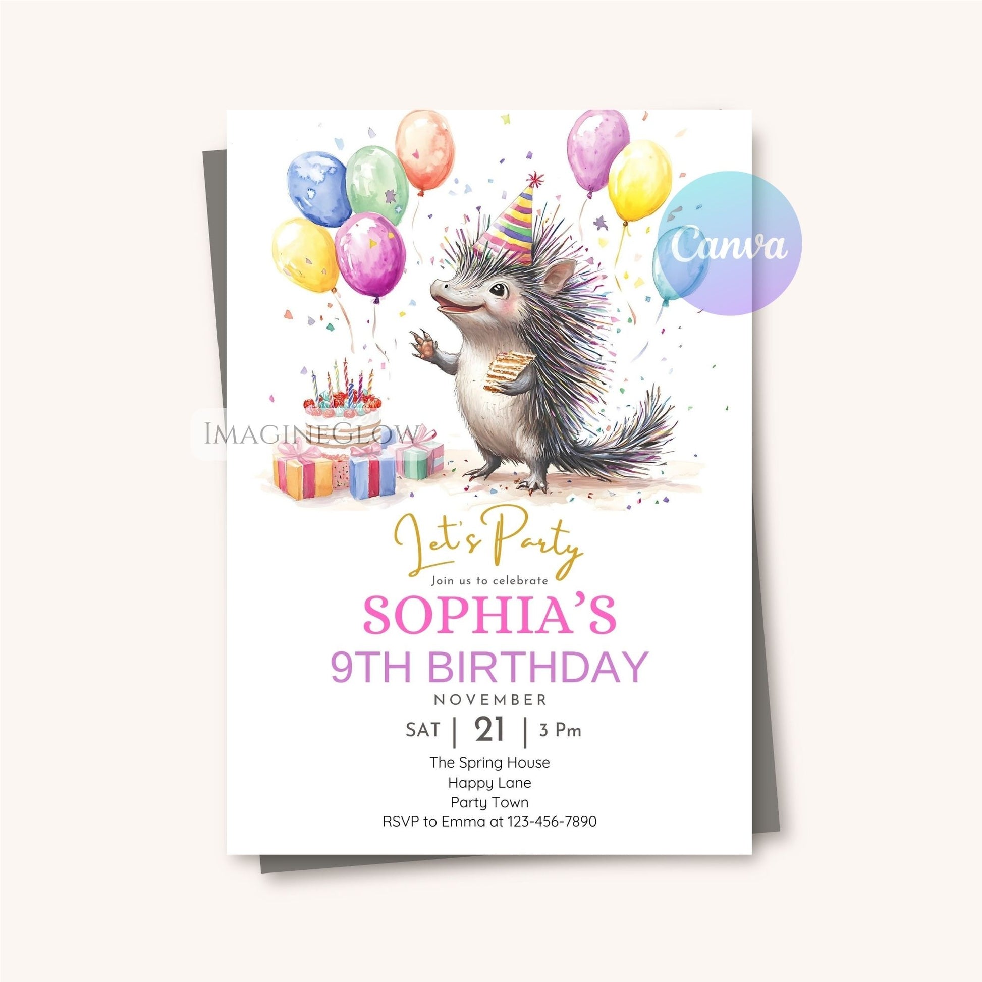 Cute porcupine party invitation editable in Canva
