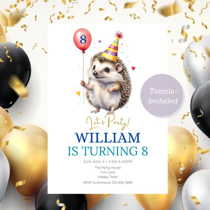 Hedgehog Birthday Invitation - Balloon Invite - Woodland Animal Party Invite Template - Kids Birthday Party