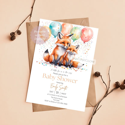 mom and baby fox baby shower invitation
