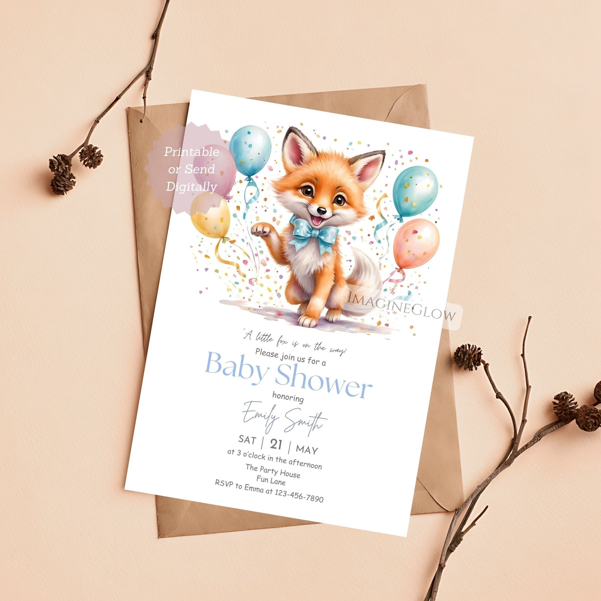 editable fox mom and baby invite
gender neutral baby shower fox design
