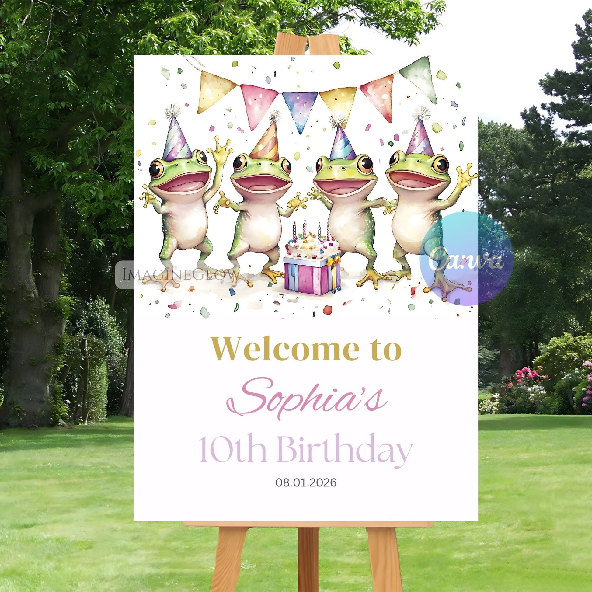 Birthday sign with cartoon frogs wearing party hats and a cake, set outdoors.