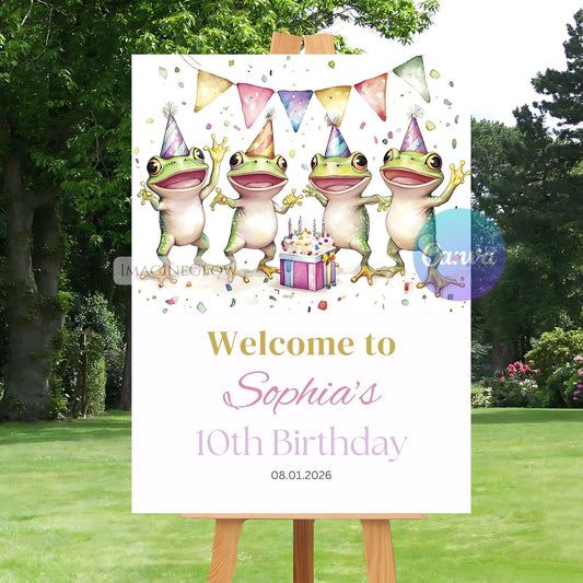 Birthday sign with cartoon frogs wearing party hats and a cake, set outdoors.
